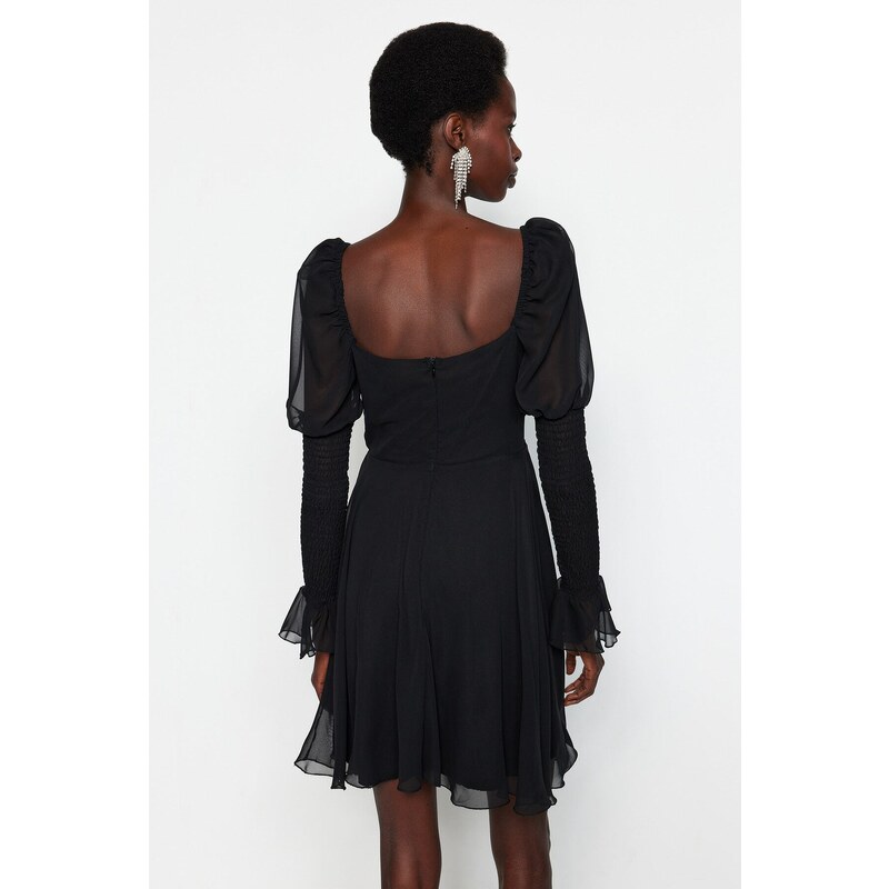 Trendyol Black Waist Opening/Skater Window/Cut Lined Out Detailed Chiffon Elegant Evening Dress