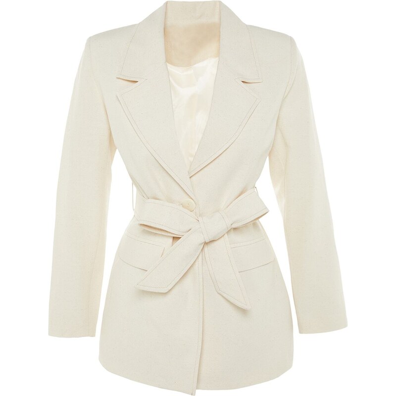 Trendyol Cream Tie Waist Belted Woven Lined Jacket