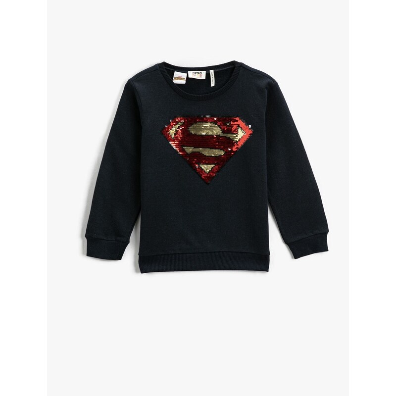 Koton Superman Printed Licensed Sweatshirt with Sequins Embroidered Crew Neck Cotton.