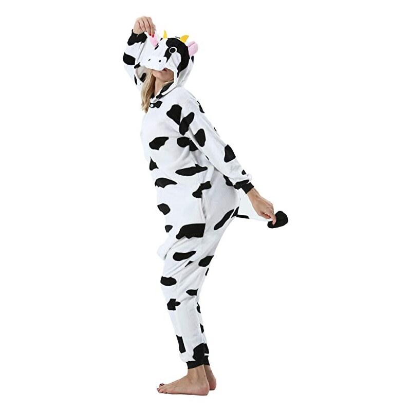 EKW Unisex zvířecí Kigurumi overal Kráva bílá, černá M