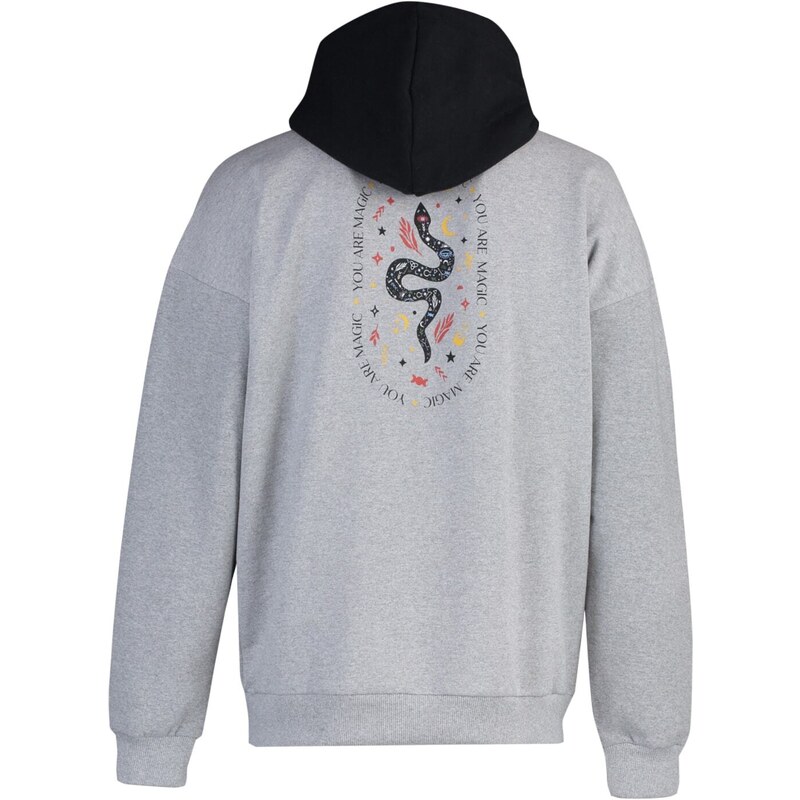 Trendyol Gray Oversize/Wide-Fit Hooded Text Printed Fleece Inside Sweatshirt