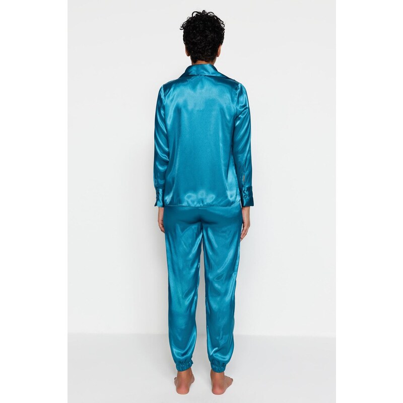 Trendyol Blue Elastic Leg Satin Woven Pajamas Set