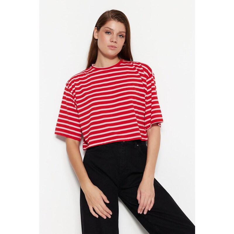 Trendyol Red-Pink Striped Relaxed/Wide, Comfortable Cut Crop Crewneck Knitted T-Shirt