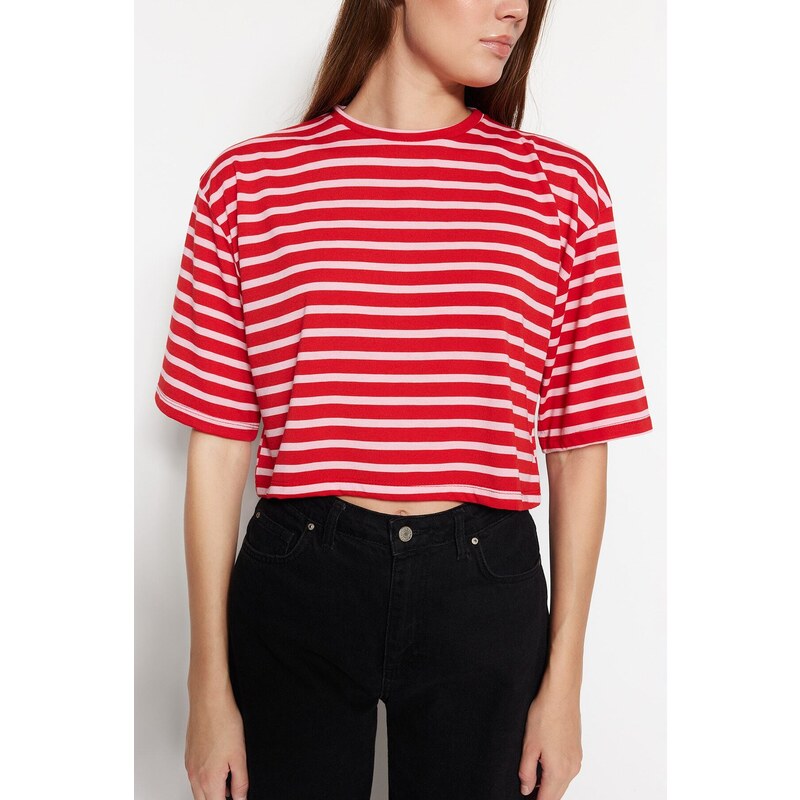 Trendyol Red-Pink Striped Relaxed/Wide, Comfortable Cut Crop Crewneck Knitted T-Shirt