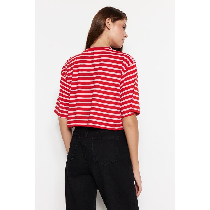 Trendyol Red-Pink Striped Relaxed/Wide, Comfortable Cut Crop Crewneck Knitted T-Shirt