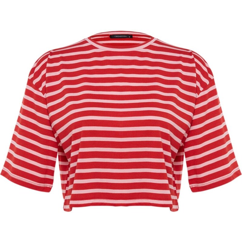 Trendyol Red-Pink Striped Relaxed/Wide, Comfortable Cut Crop Crewneck Knitted T-Shirt