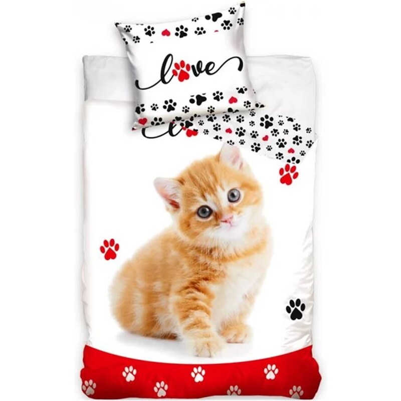 BedTex Bavlněné ložní povlečení Love s kočičkou - 100% bavlna - 70 x 90 cm + 140 x 200 cm