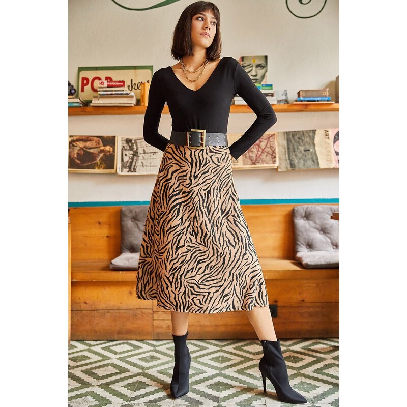 Olalook Women's Mink Zebra Elastic Waist, Suede Textured A-Line Skirt