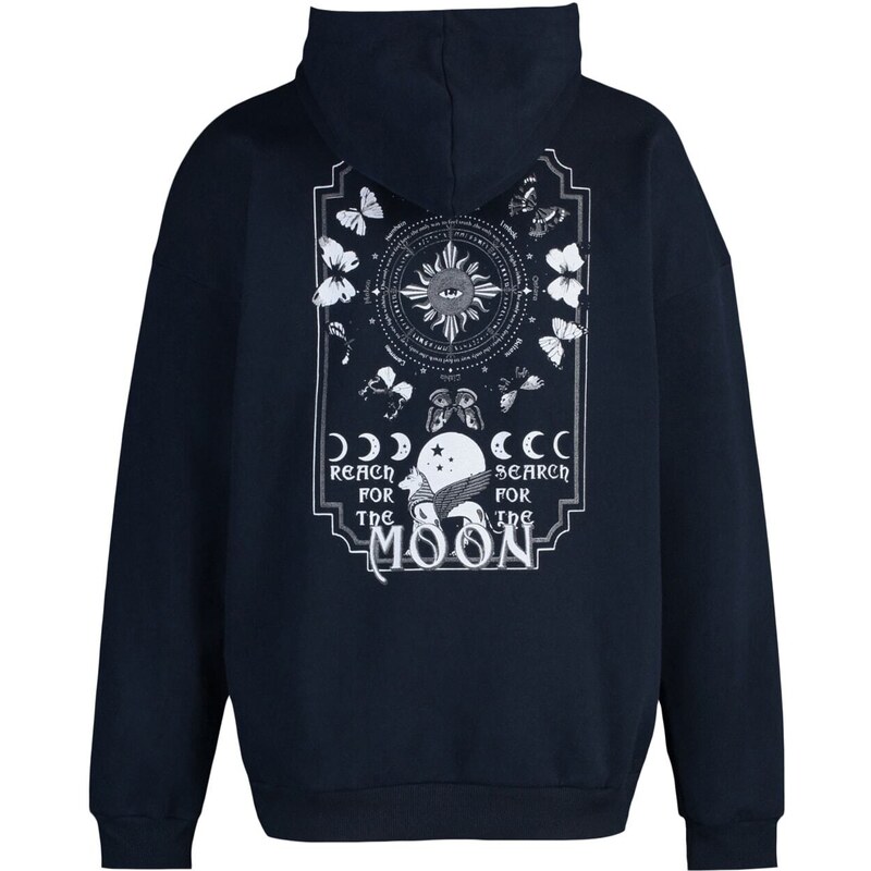 Trendyol Navy Blue Oversize/Wide-Fit Space Printed Fleece Cotton Sweatshirt