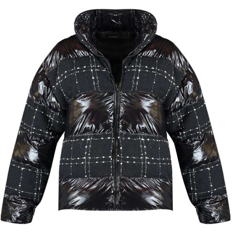 Trendyol Black Tweed Detailed Glossy Oversize Puffy Coat