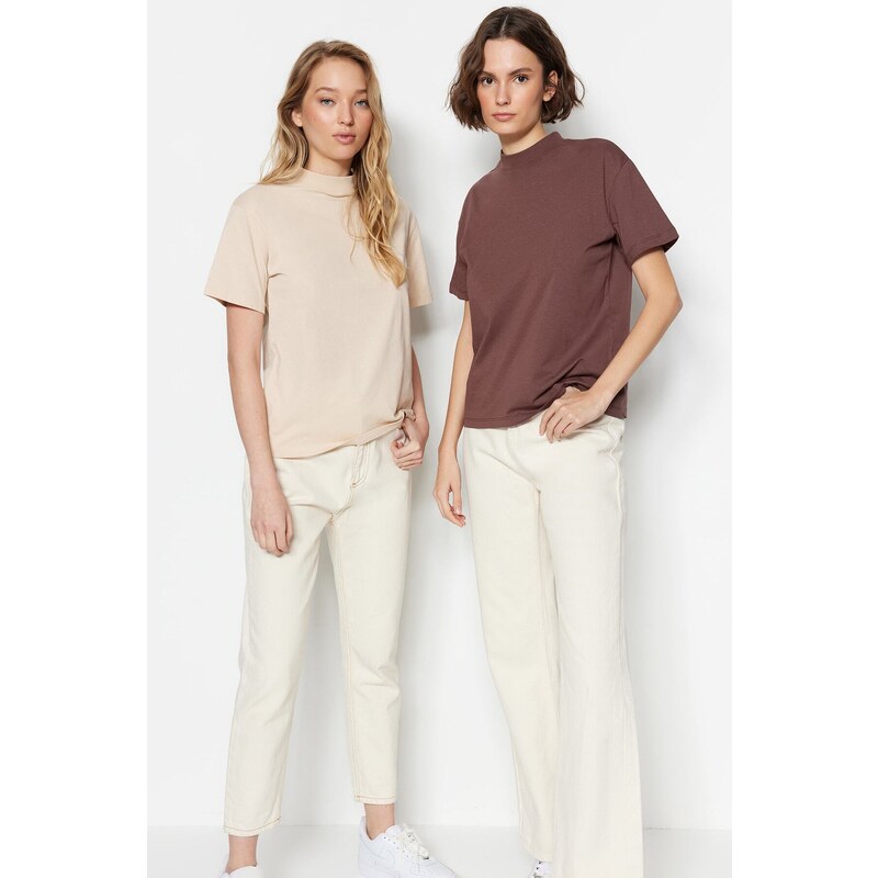 Trendyol Brown-Beige 2-Pack 100% Cotton Basic Stand-Up Collar Knitted T-Shirt