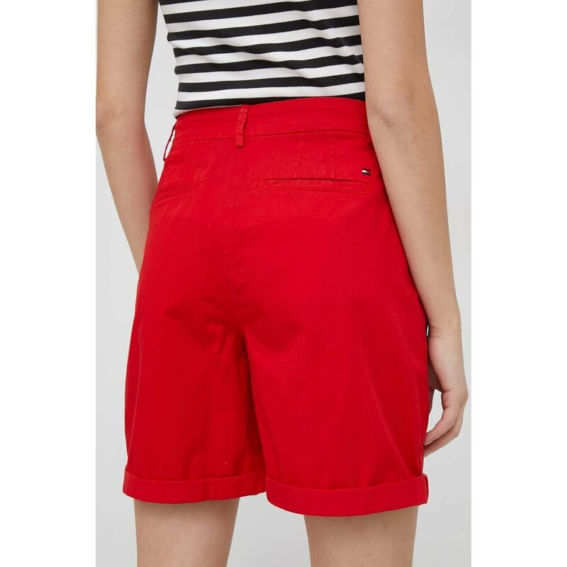 Kraťasy Tommy Hilfiger dámské, červená barva, hladké, medium waist