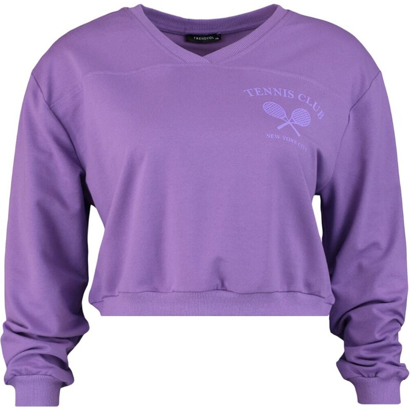 Trendyol Curve Purple Purple V-Neck Printed Thin Knitted Sweatshirt