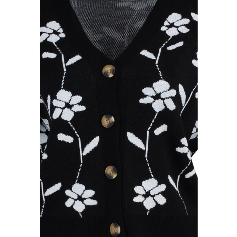 Trendyol Curve Black Floral Patterned Knitwear Cardigan