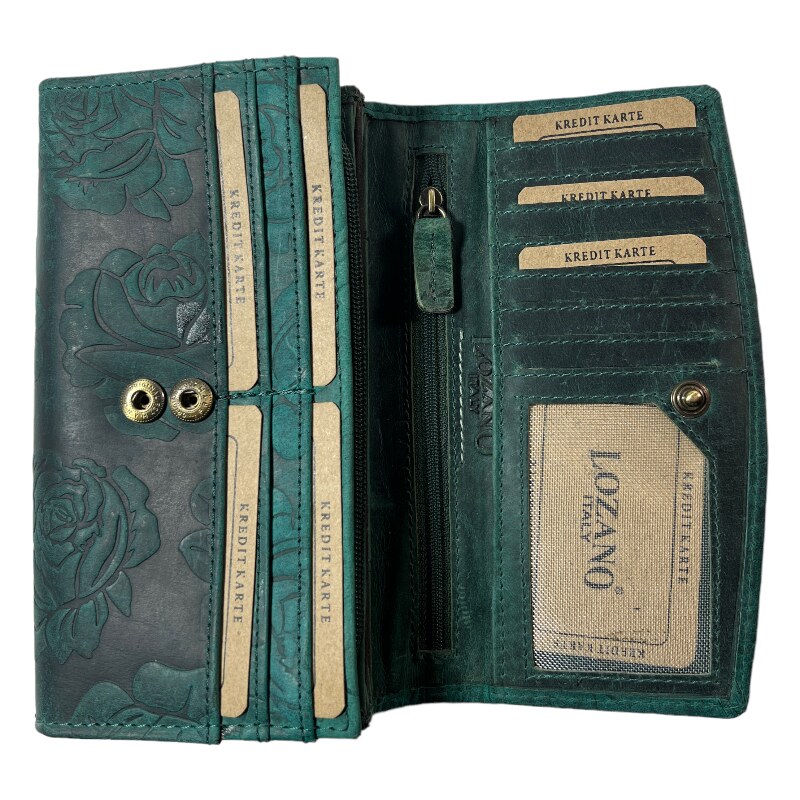 Lozano Dámská kožená peněženka s růží zelená 3998