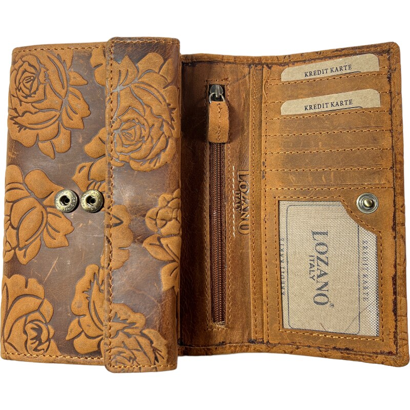 Lozano Dámská kožená peněženka s růží hnědá 3995