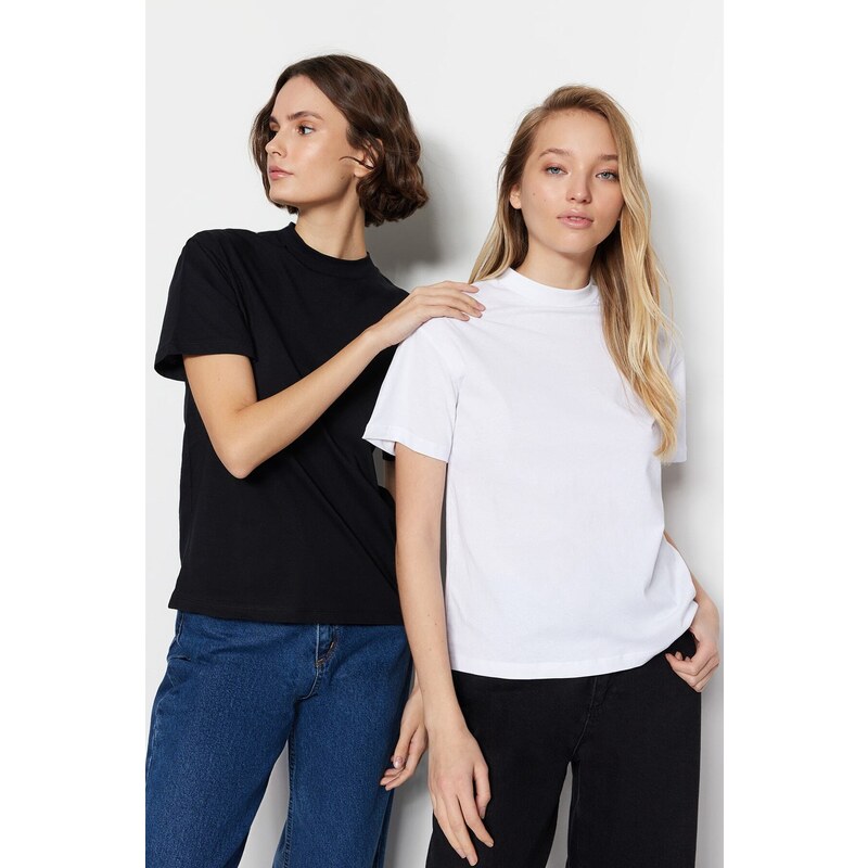 Trendyol White-Black 2-Pack 100% Cotton Basic Stand Up Collar Knitted 107046610