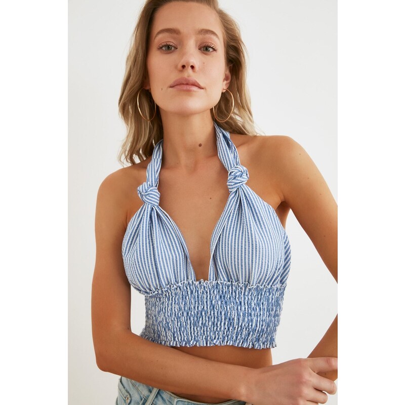 Trendyol Blue Striped Crop Woven Cross-Purchase See-through See-through Blouse