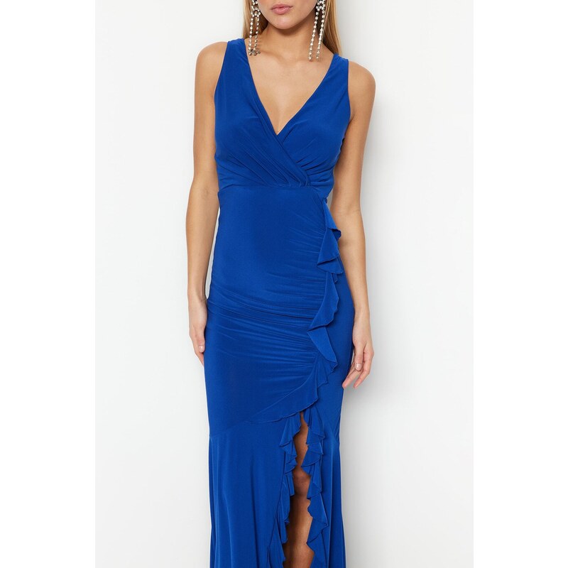 Trendyol Saks Fitted Lined Knitted Flounce Long Evening Evening Dress