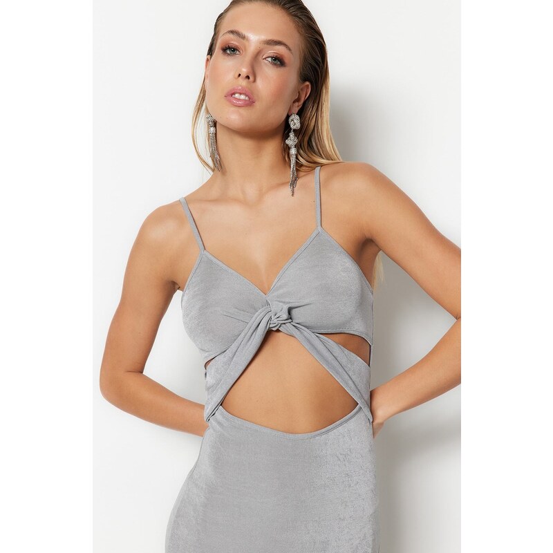 Trendyol Gray Fitted Evening Dress with Window/Cut Out Detailed in Knitting