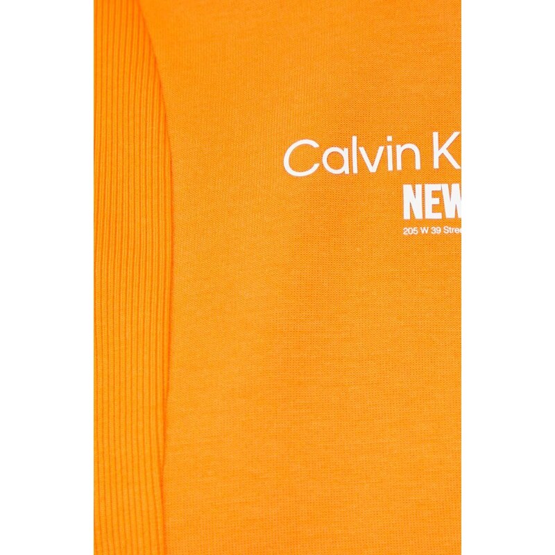 Mikina Calvin Klein Jeans dámská, oranžová barva, s kapucí, s aplikací