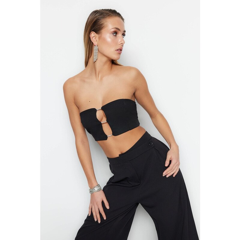 Trendyol Black Crop Lined Woven Shiny Stone Window/Cut Out Detailed Bustier