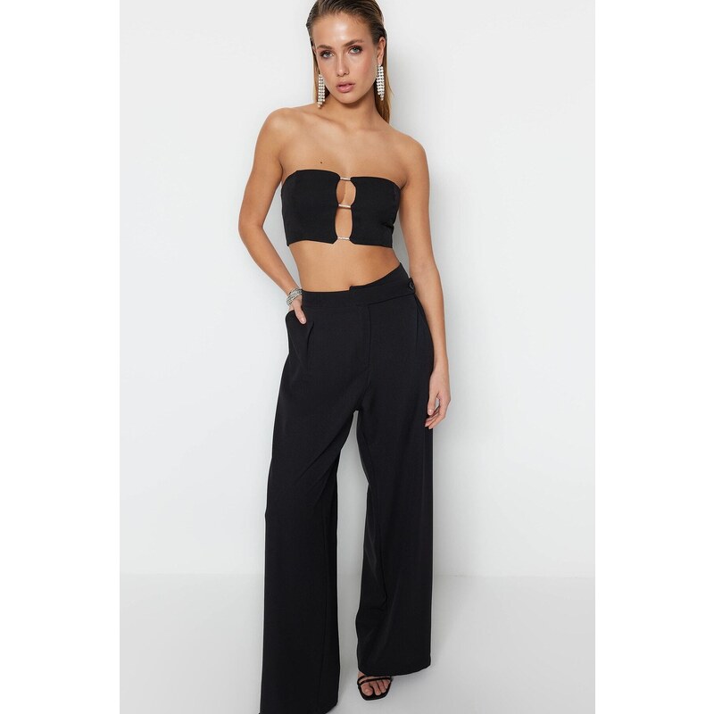 Trendyol Black Crop Lined Woven Shiny Stone Window/Cut Out Detailed Bustier