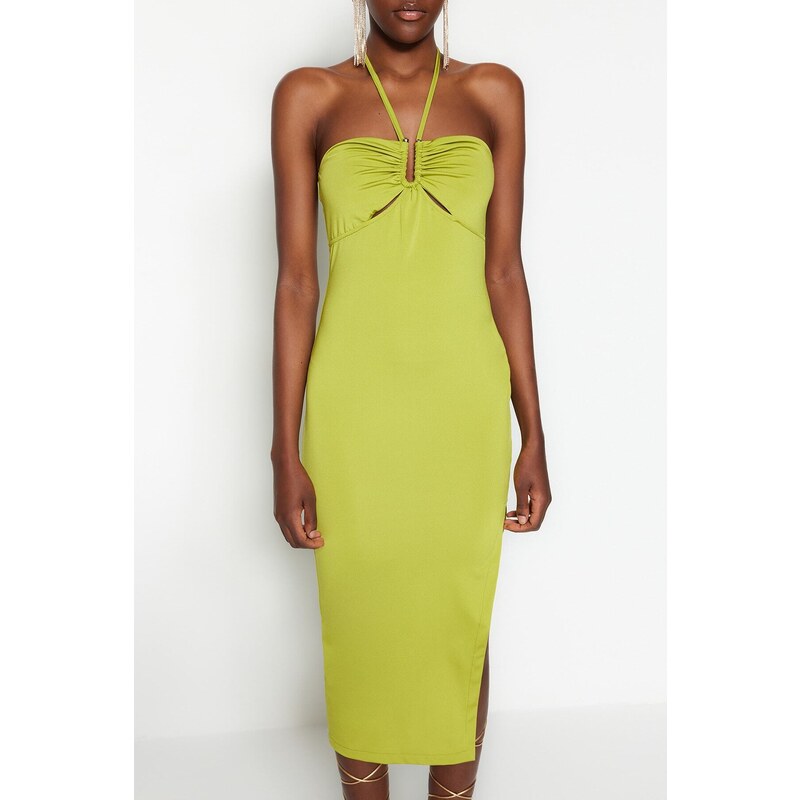 Trendyol Light Green Fitted Lined Elegant Evening Dress with Knitted Window/Cut Out Detail