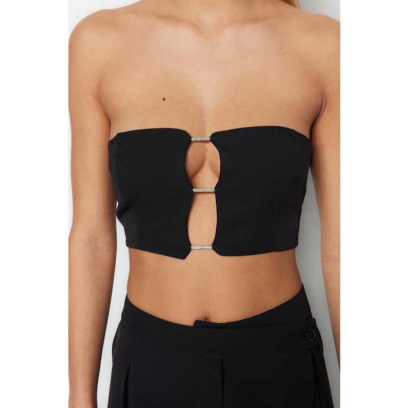 Trendyol Black Crop Lined Woven Shiny Stone Window/Cut Out Detailed Bustier