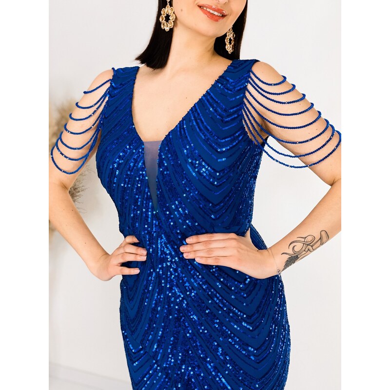 Webmoda Dámské modré třpytivé společenské šaty s flitry pro moletky