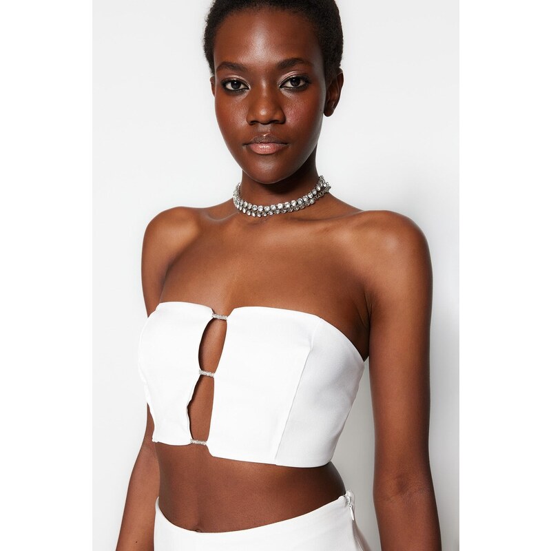 Trendyol Ecru Crop Lined Woven Shiny Stone Window/Cut Out Detailed Bustier