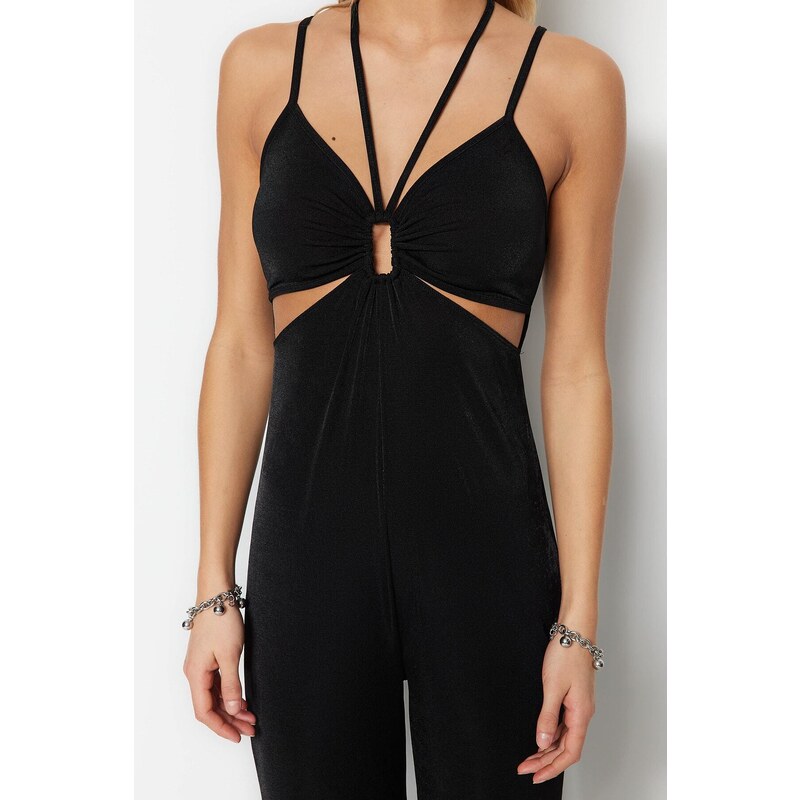 Trendyol Black Knitted Window/Cut Out Detail Shimmer Jumpsuit