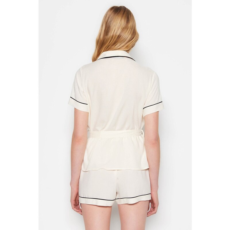 Trendyol Beige Belted Piping Detailed Shirt-Shorts Woven Pajamas Set