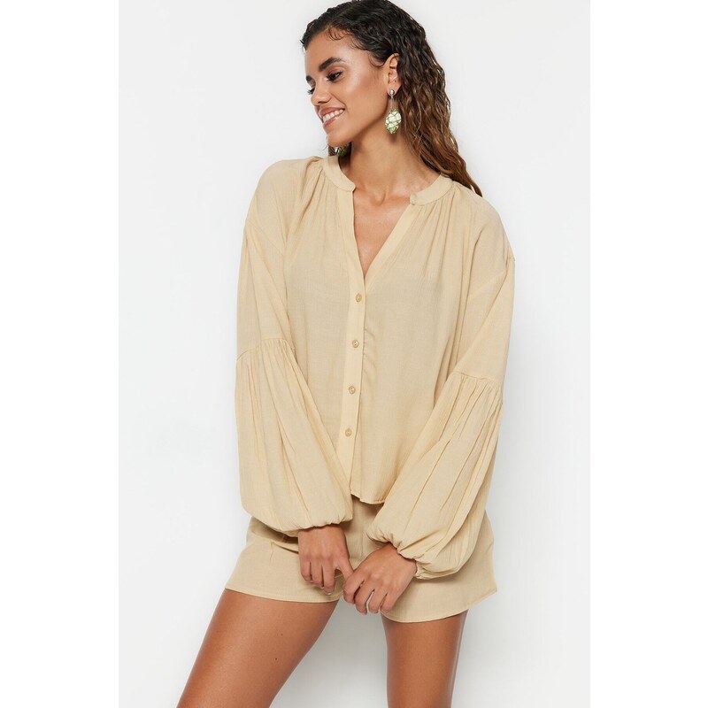 Trendyol Beige Woven 100% Cotton Shirt Shorts Suit 107057567