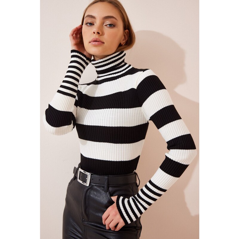 Happiness İstanbul Women's Black and White Turtleneck Striped Sweater Blouse