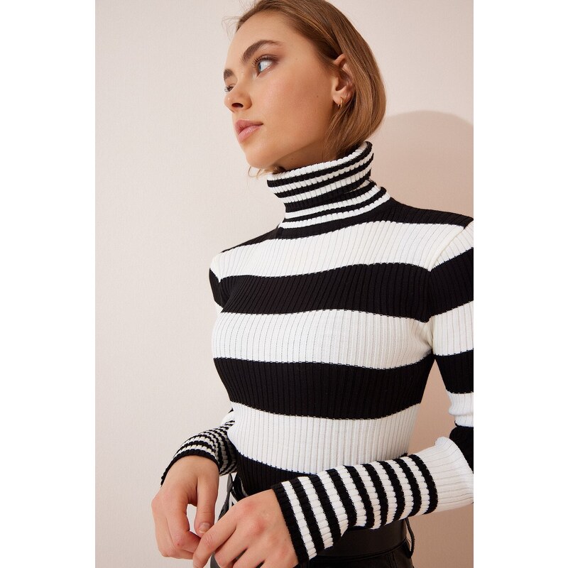 Happiness İstanbul Women's Black and White Turtleneck Striped Sweater Blouse