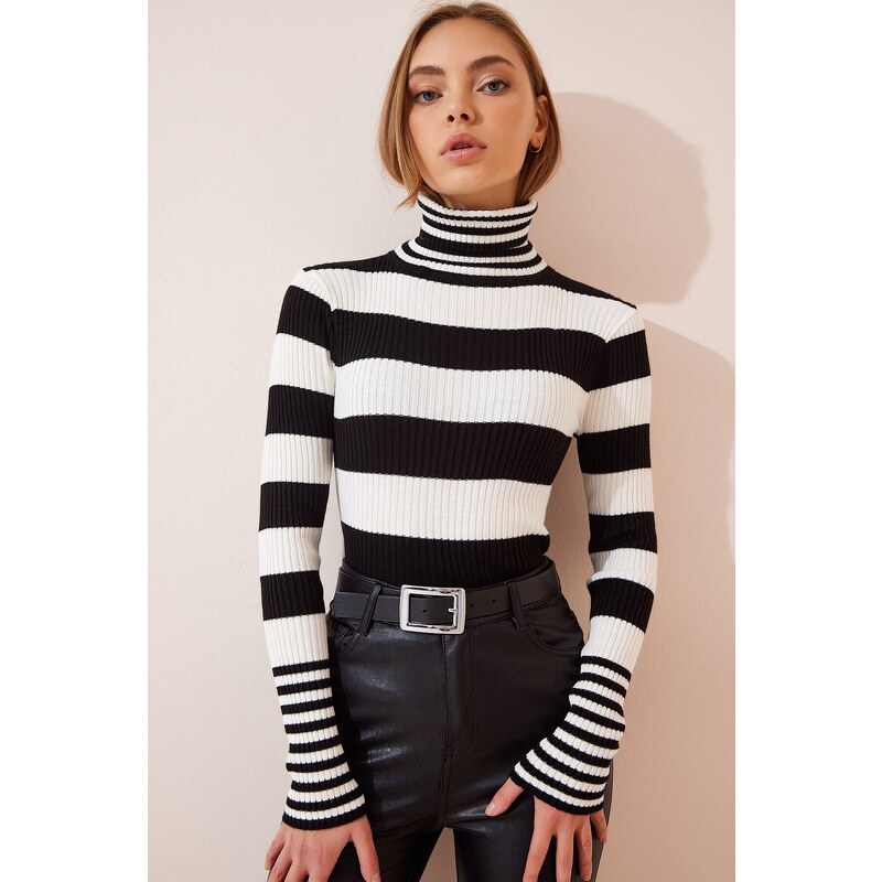 Happiness İstanbul Women's Black and White Turtleneck Striped Sweater Blouse