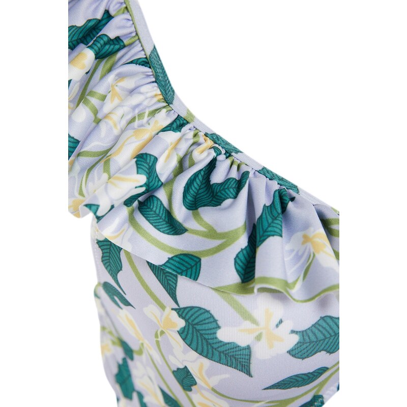 Trendyol Květinové vzorované plavky s výstřihem do V s volánky, pravidelné nohavice