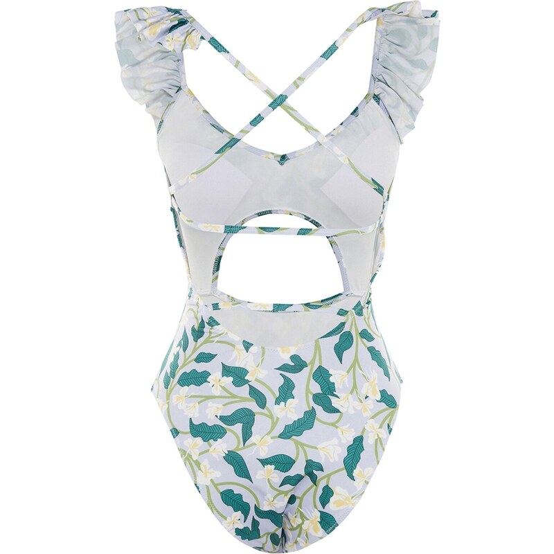 Trendyol Květinové vzorované plavky s výstřihem do V s volánky, pravidelné nohavice