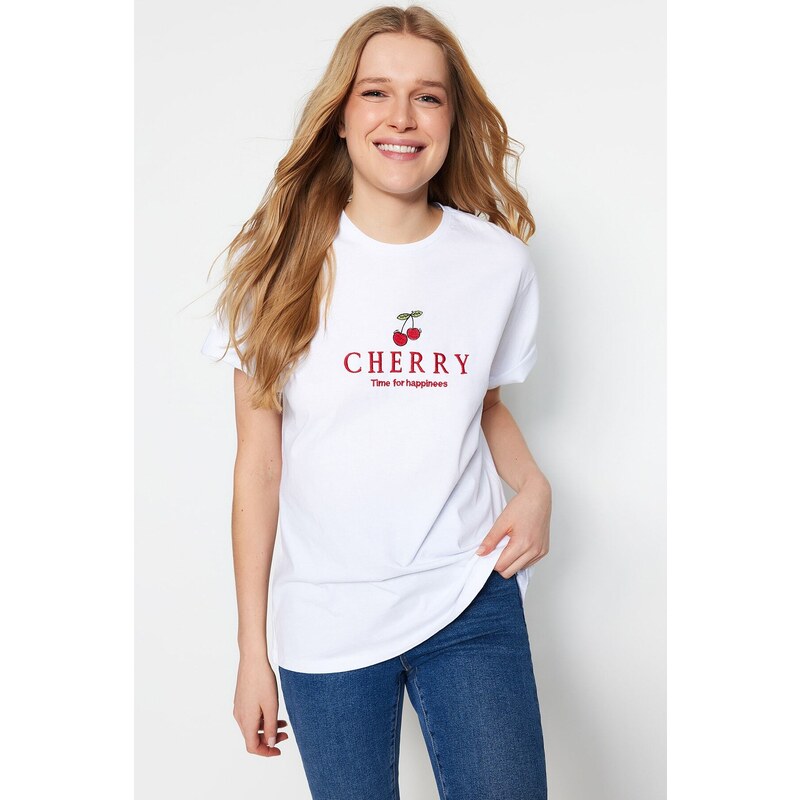 Trendyol White 100% Cotton Cherry Embroidered Boyfriend Fit Crew Neck Knitted T-Shirt