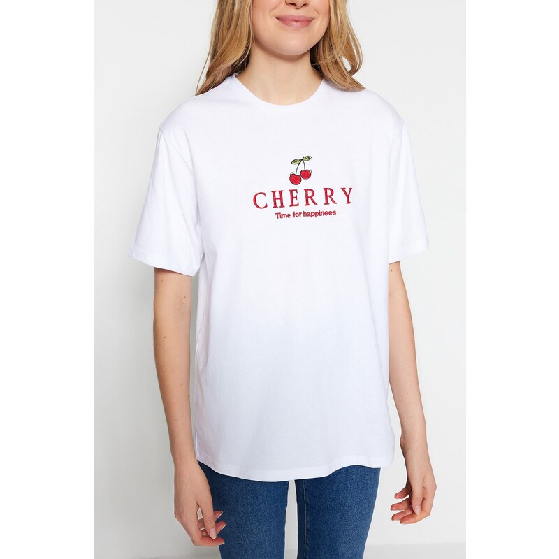 Trendyol White 100% Cotton Cherry Embroidered Boyfriend Fit Crew Neck Knitted T-Shirt