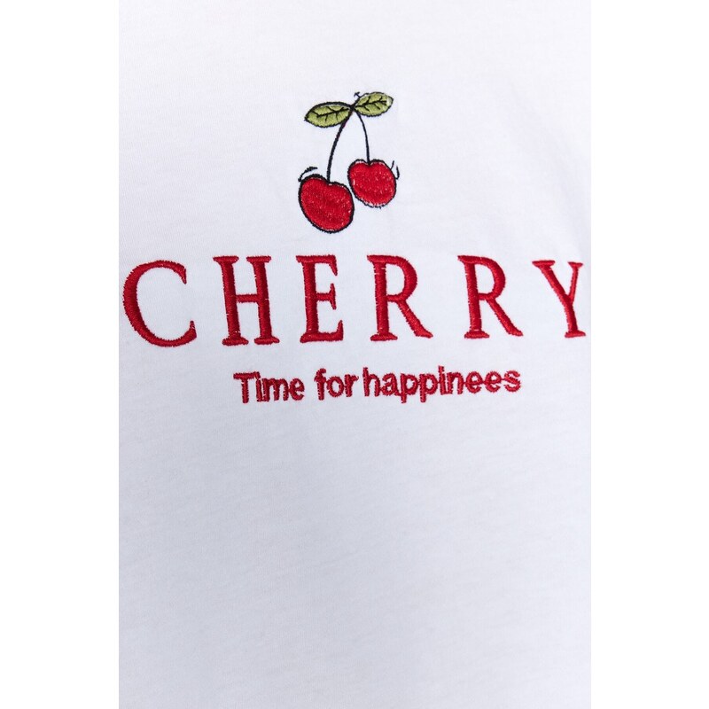 Trendyol White 100% Cotton Cherry Embroidered Boyfriend Fit Crew Neck Knitted T-Shirt