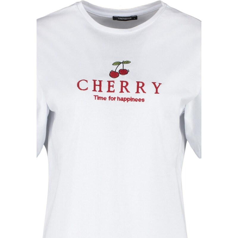 Trendyol White 100% Cotton Cherry Embroidered Boyfriend Fit Crew Neck Knitted T-Shirt