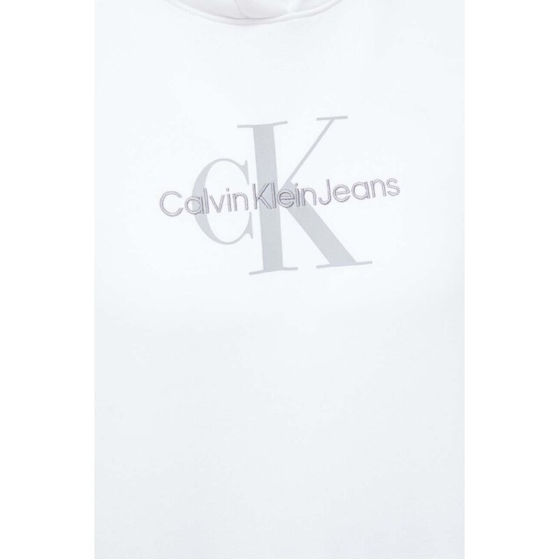 Bavlněná mikina Calvin Klein Jeans dámská, bílá barva, s kapucí, s potiskem
