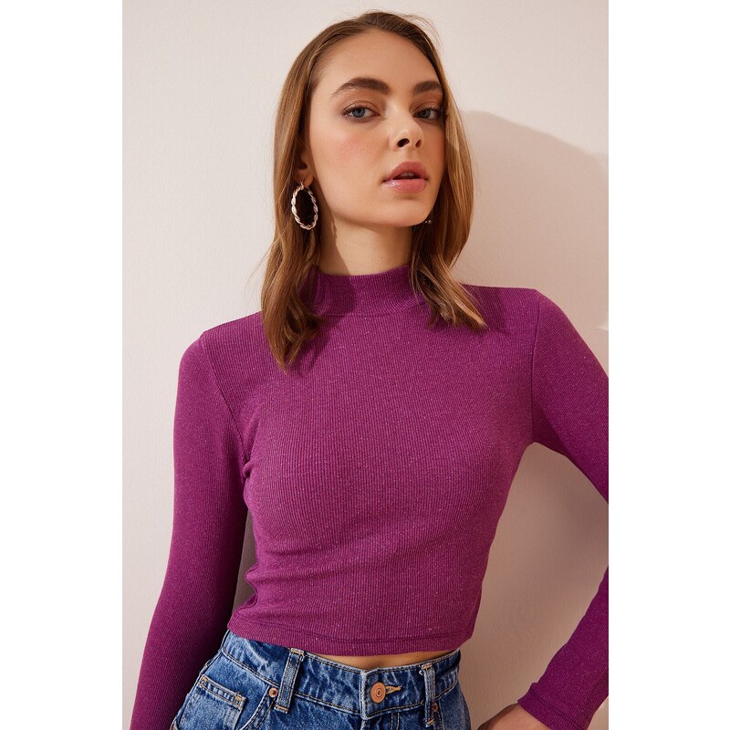 Happiness İstanbul Women's Light Damson Ribbed Turtleneck Crop Knitted Blouse