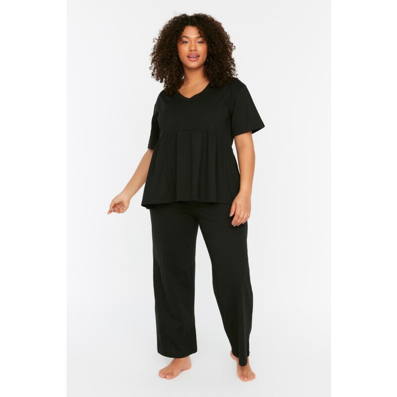 Trendyol Curve Black V-Neck Knitted Pajamas Set