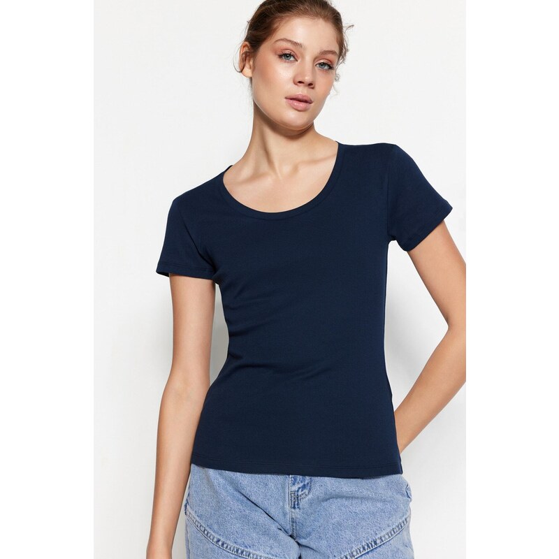 Trendyol Navy Blue 100% Cotton Fitted Basic Crew Neck Knitted T-Shirt