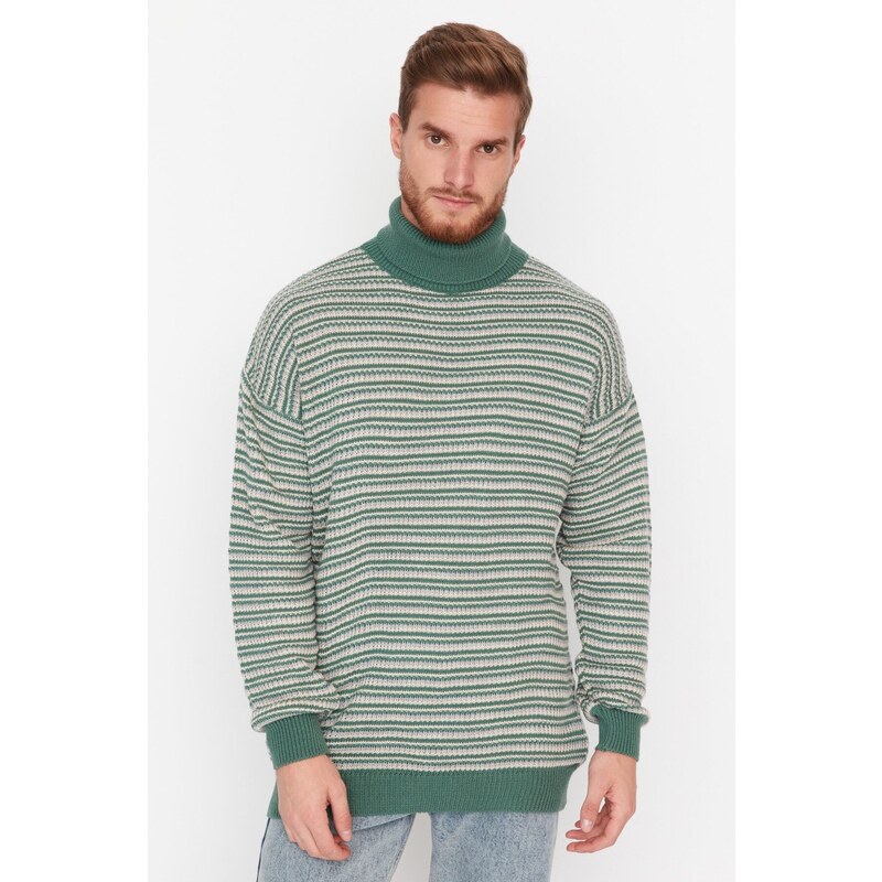 Trendyol Mint Oversize Fit Turtleneck Striped Knitwear Sweater