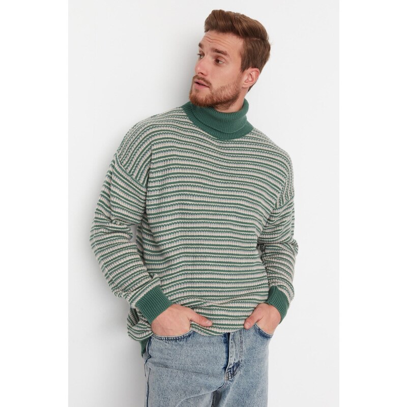 Trendyol Mint Oversize Fit Turtleneck Striped Knitwear Sweater