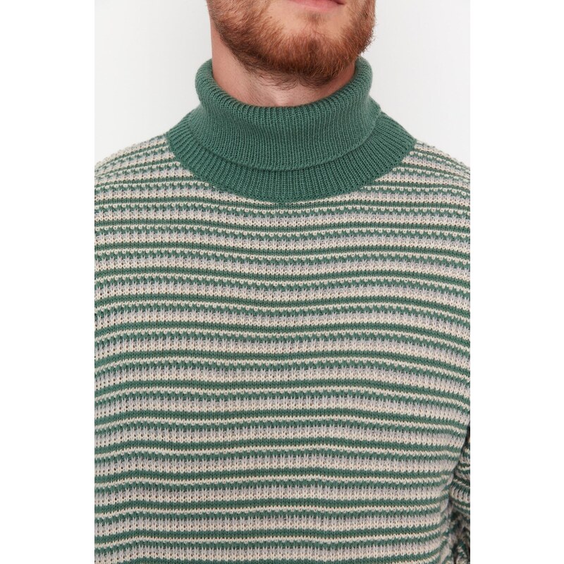 Trendyol Mint Oversize Fit Turtleneck Striped Knitwear Sweater
